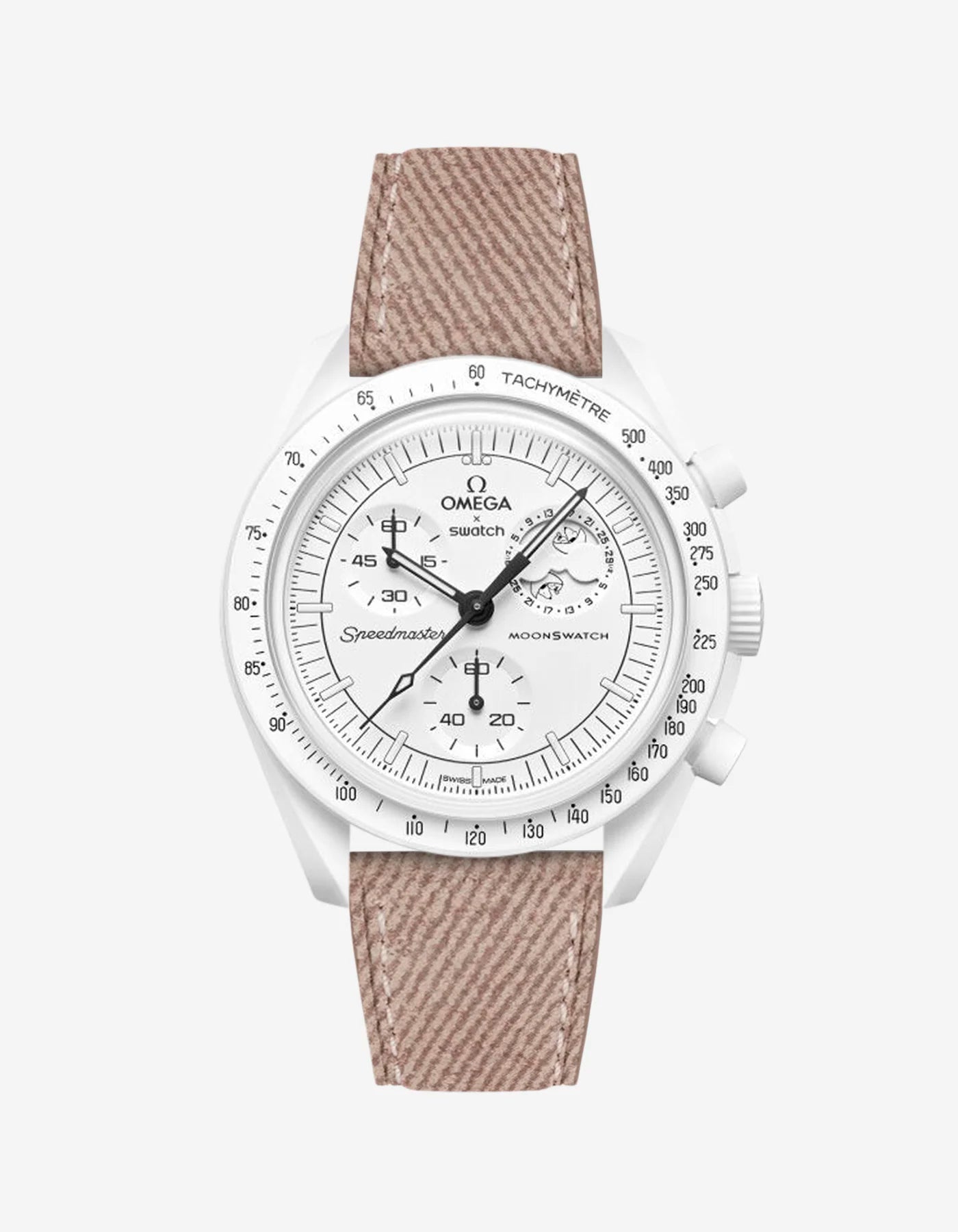 Pink Denim leather strap mounted on Omega x Swatch MoonSwatch Mission to the Full Moonphase watch – product image