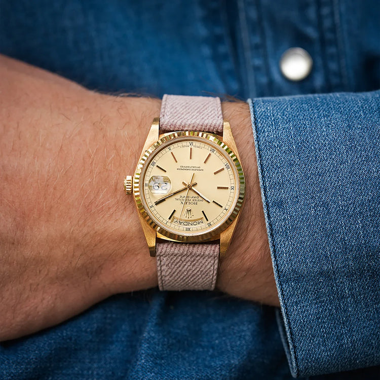 Quick-release Pink Denim Strap shown on wrist – soft texture meets effortless everyday style