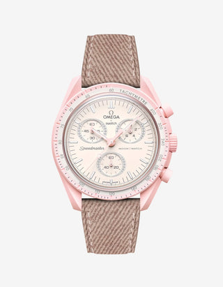 Pink denim strap mounted on Omega X Swatch MoonSwatch Mission to Venus