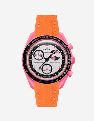 Orange rubber watch strap installed on Omega x Swatch MoonSwatch Mission to the Pink Moonphase
