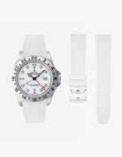 White Vertech rubber strap for Rolex Explorer II 16570 Polar shown with watch and separated strap parts