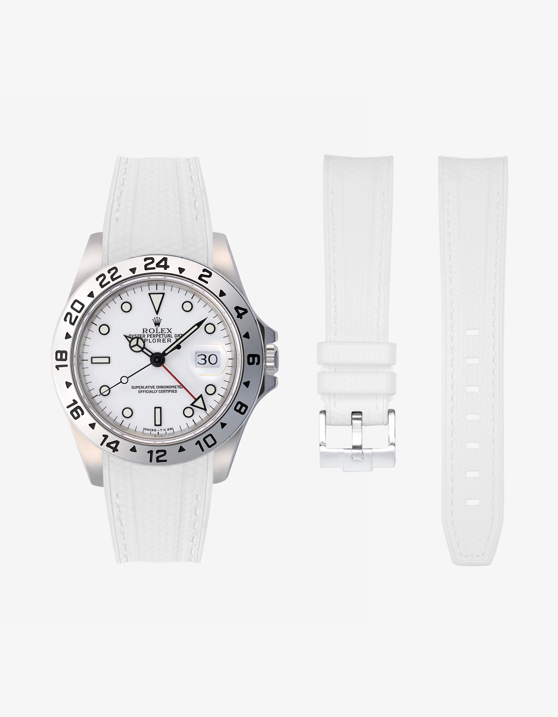 White Vertech rubber strap for Rolex Explorer II 16570 Polar shown with watch and separated strap parts