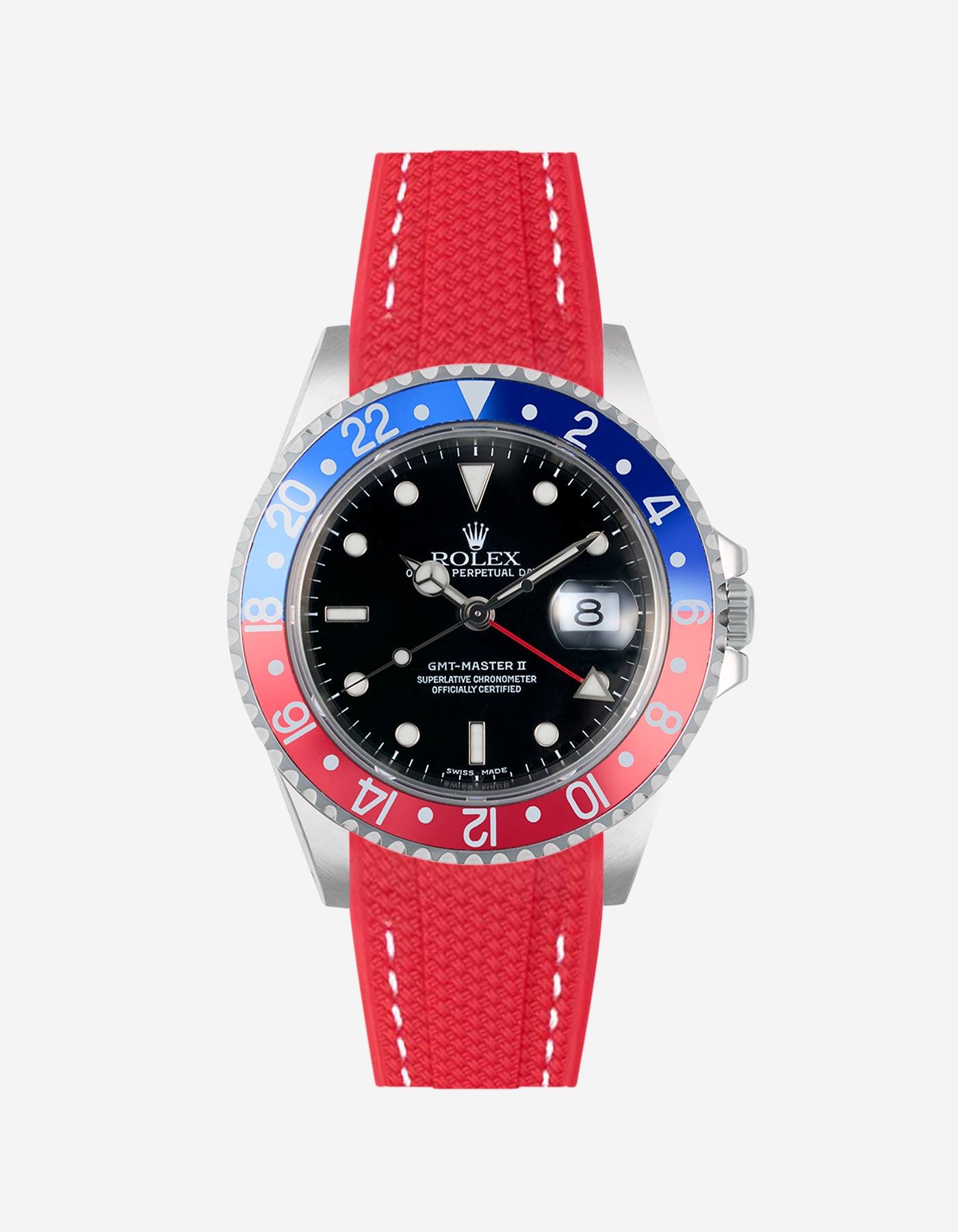 Rolex Pepsi steel watch with red vertech rubber watch strap and colorful bezel on a white background