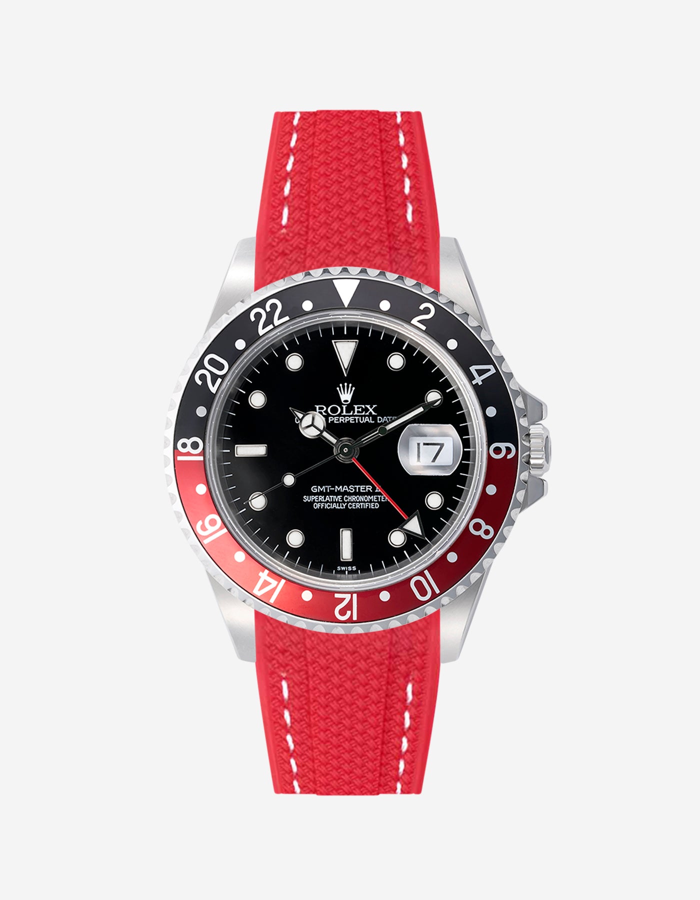 Rolex GMT Master 2 watch with red strap and black dial on a white background