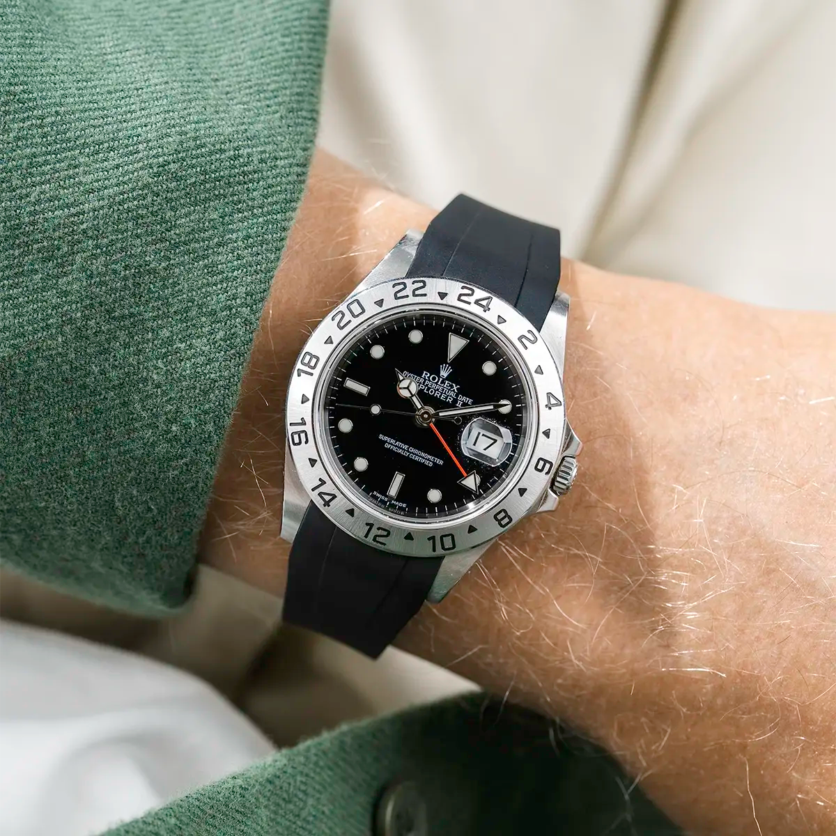 Rolex Explorer fitted with a black rubber strap from Wristbuddys, close-up wrist shot