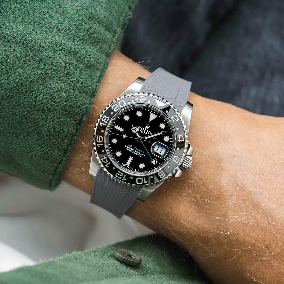 Rolex GMT-Master II on a grey rubber strap from Wristbuddys, comfortable daily watch setup