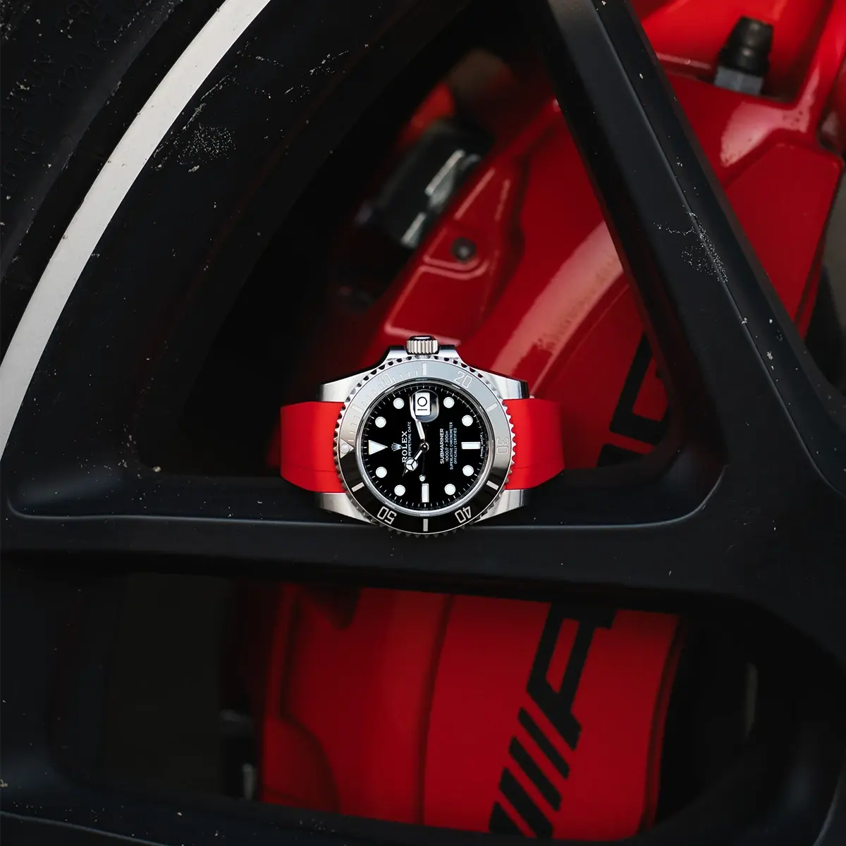 Red rubber strap for Rolex watches from Wristbuddys, sporty luxury watch styling