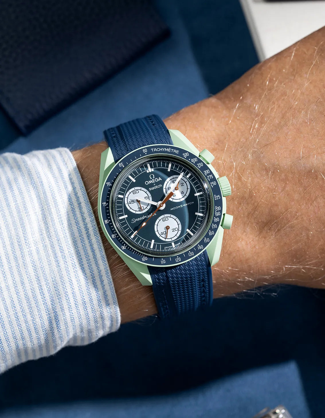 Blue rubber strap for MoonSwatch – photographed on Omega X Swatch Mission on Earth wrist shot