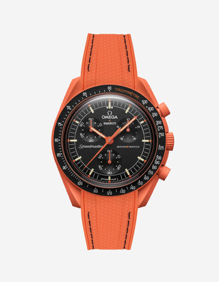 Orange Rubber strap for Omega X Swatch MoonSwatch Mission On Earth Lava with Black Stitches , attached to the watch