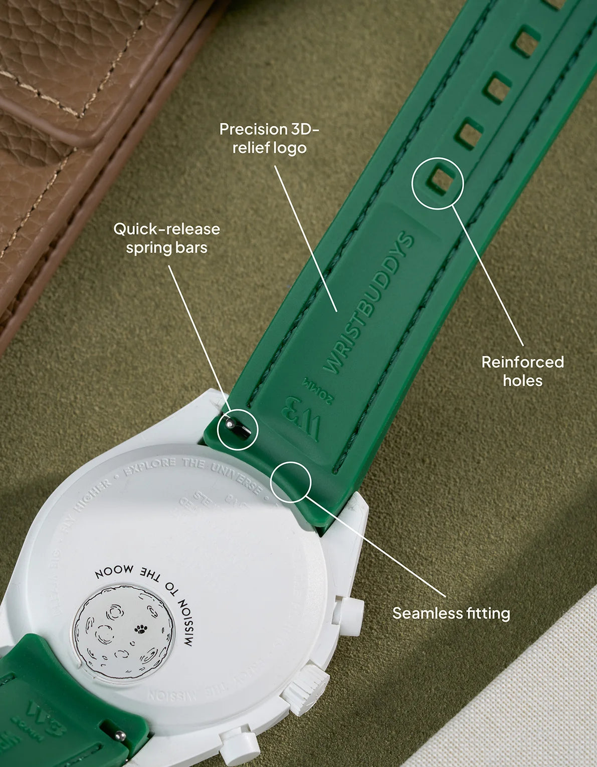 Vertech Green rubber strap for MoonSwatch Mission to Earthphase – showing USPs: quick-release bars, 3D logo and reinforced holes
