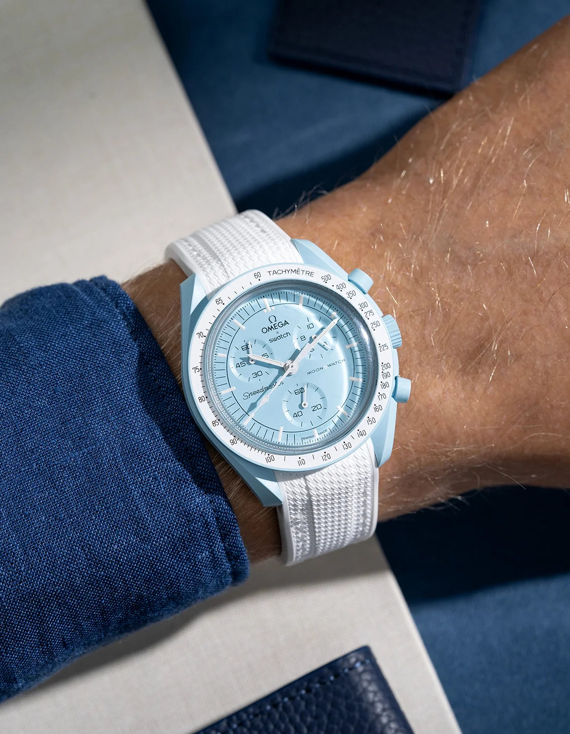 White rubber strap for MoonSwatch Mission to Uranus- wrist shot