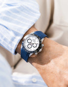 Navy blue FKM Rubber Strap Integrated for Original Clasp - Rolex Daytona 116500 wrist shot with blue shirt