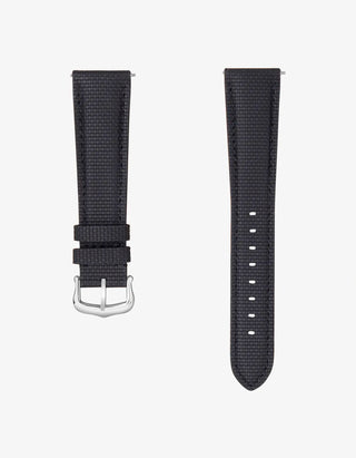 Textured rubberised sailcloth leather watch strap – flat lay with stainless steel buckle