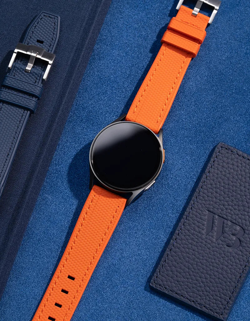 Samsung Galaxy Watch wrist strap wristband Wristbuddys premium watch band watch strap klockarmband klockband best rubberstrap rubber strap for Galaxy Watch 4, Watch 5 Galaxy smartwatch premium strap wrist strap Uhrenarmband Uhrarmband bracelet de montre cinturino dell'orologio horlogeband correa de reloj Samsung smartwatch accessories orange oranje arancione naranja