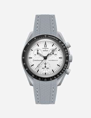 Dark grey vertech rubber watch strap on Omega X Swatch 1965