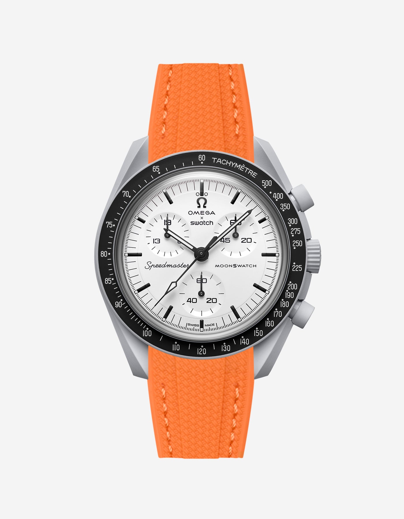 Omega X Swatch MoonSwatch 1965 watch with orange strap and white face on a light gray background