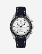 Omega X Swatch MoonSwatch 1965 watch with black strap and white face on a light gray background