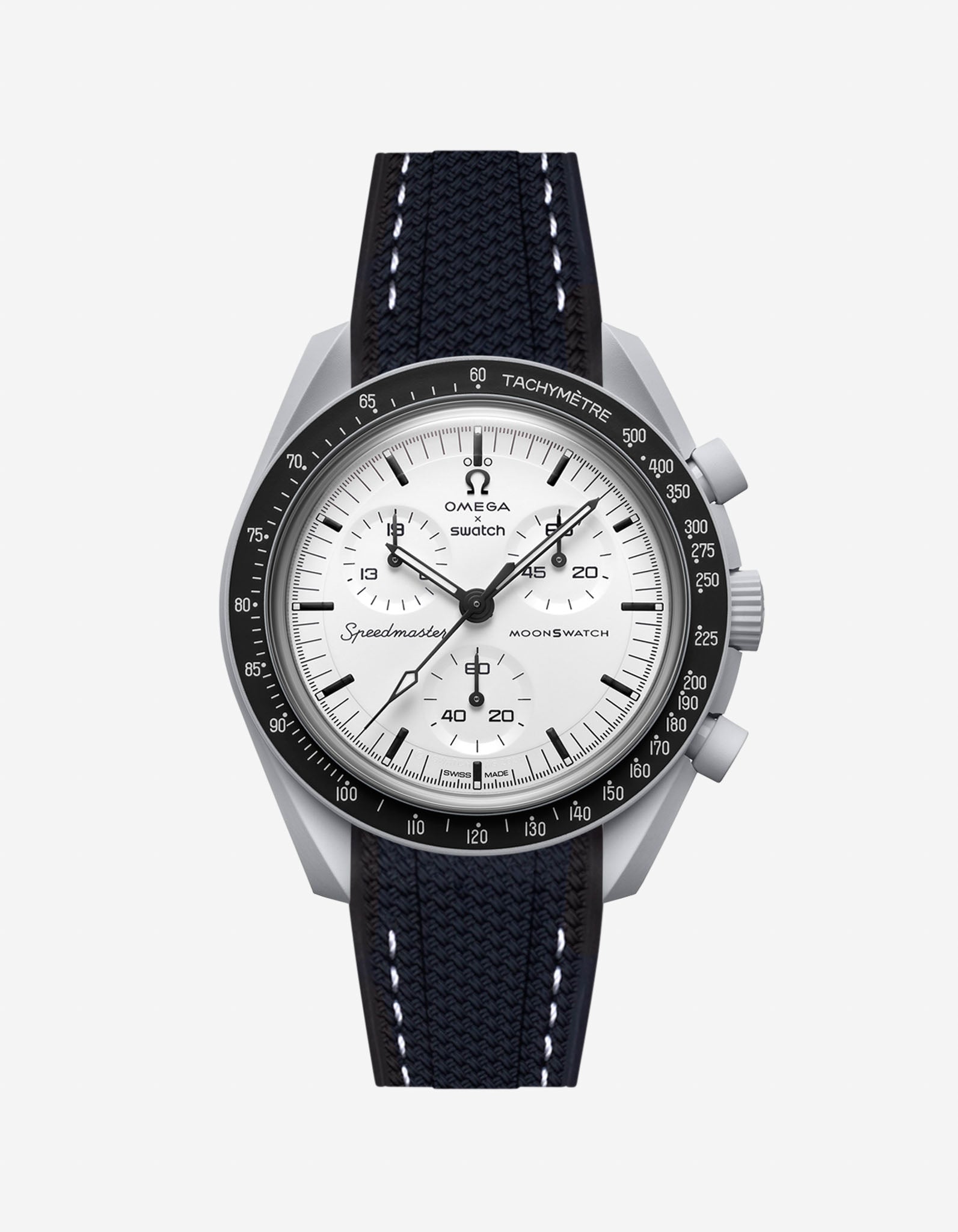 Omega X Swatch MoonSwatch 1965 watch with black strap and white face on a light gray background