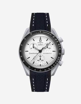 Omega X Swatch MoonSwatch 1965 watch with black strap and white face on a light gray background