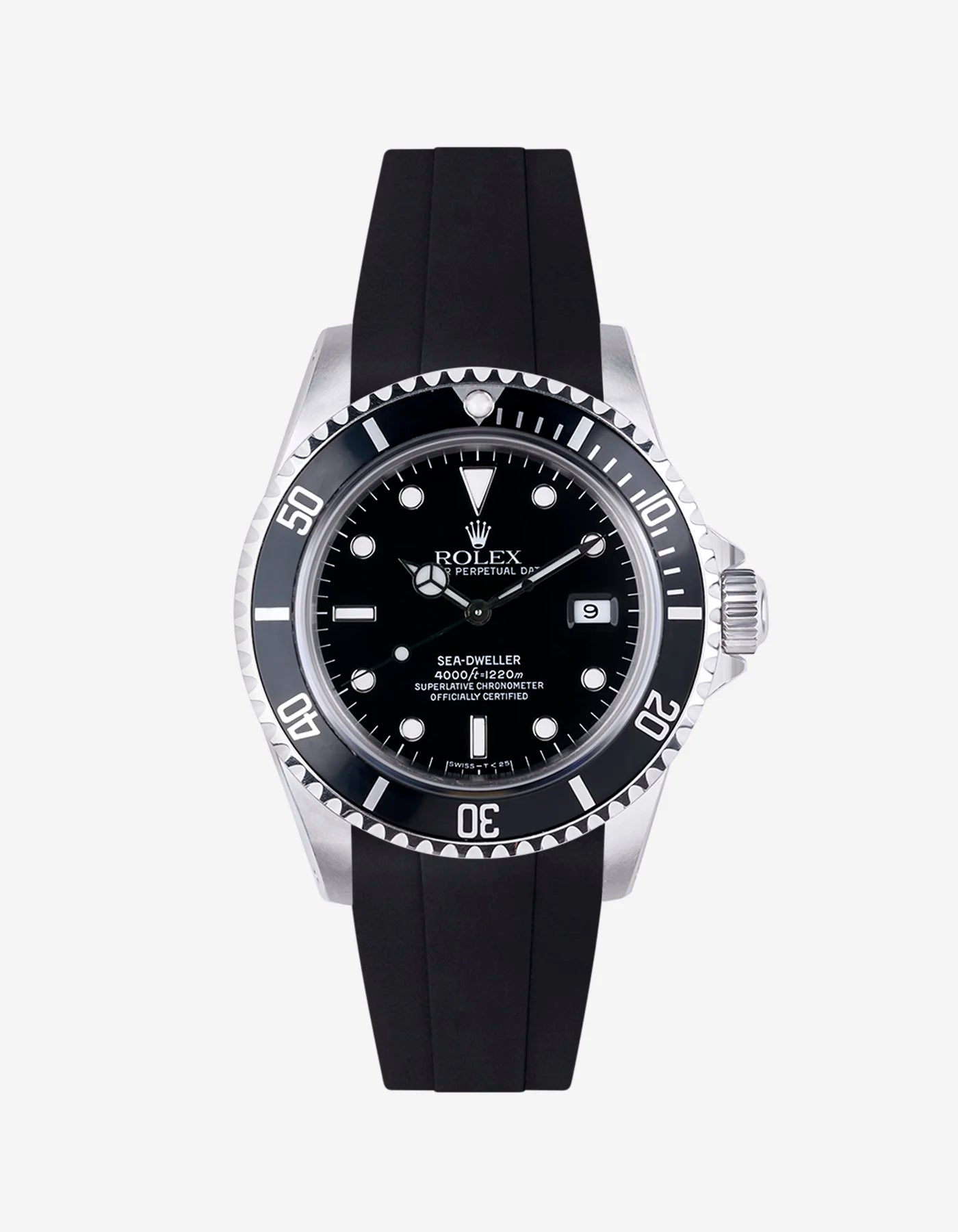 Black FKM rubber watch band fitted to Rolex Sea-Dweller 16600 with original clasp integration