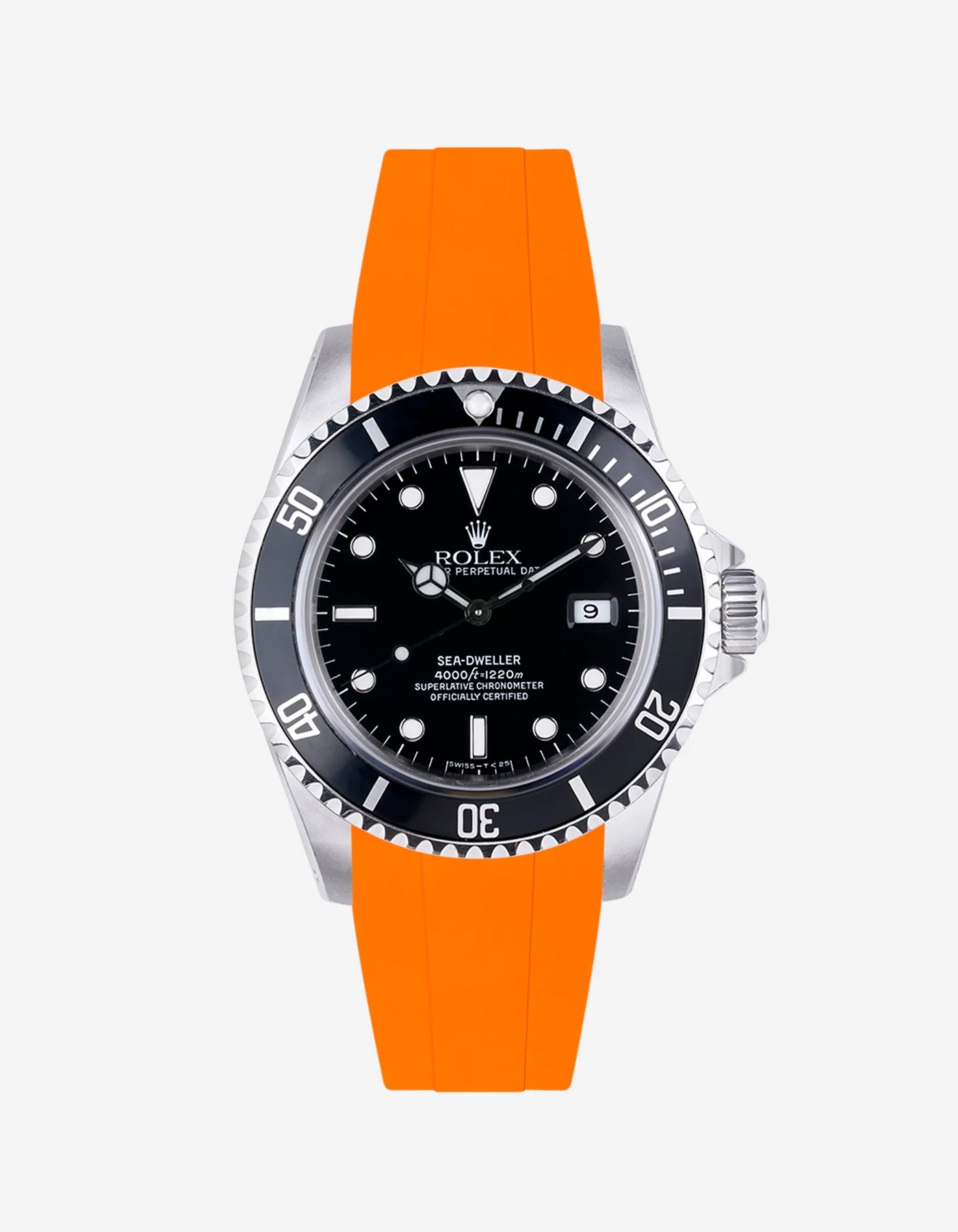 Bold orange FKM strap on Rolex Sea-Dweller 16600, paired with factory clasp