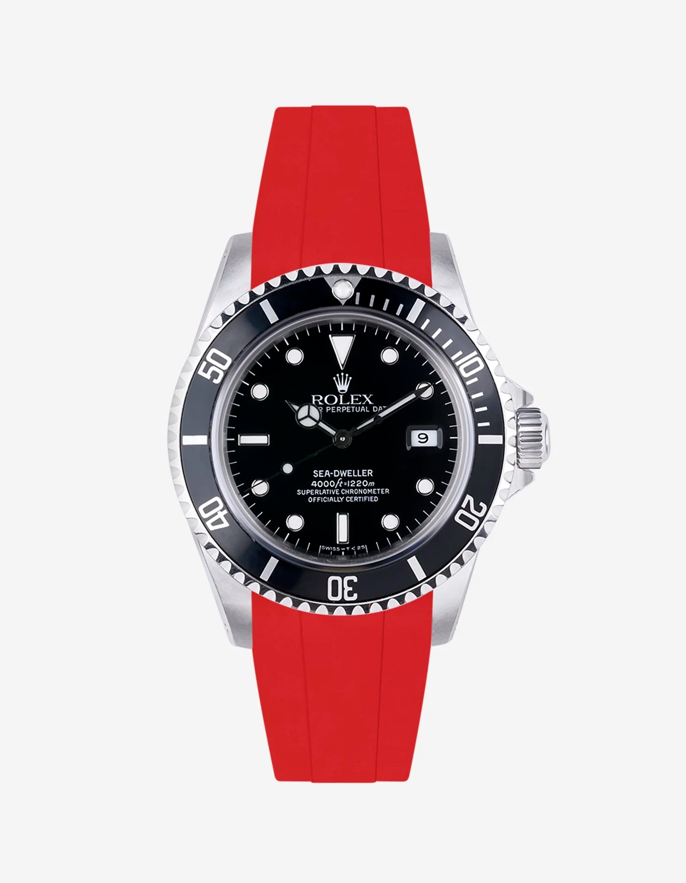 Red FKM rubber strap customized for Rolex Sea-Dweller 16600, clasp-compatible
