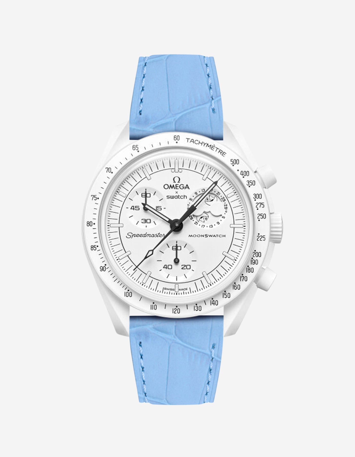 Sky Blue embossed alligator leather strap on Omega X Swatch MoonSwatch Mission to the Moonphase Full Moon Watch