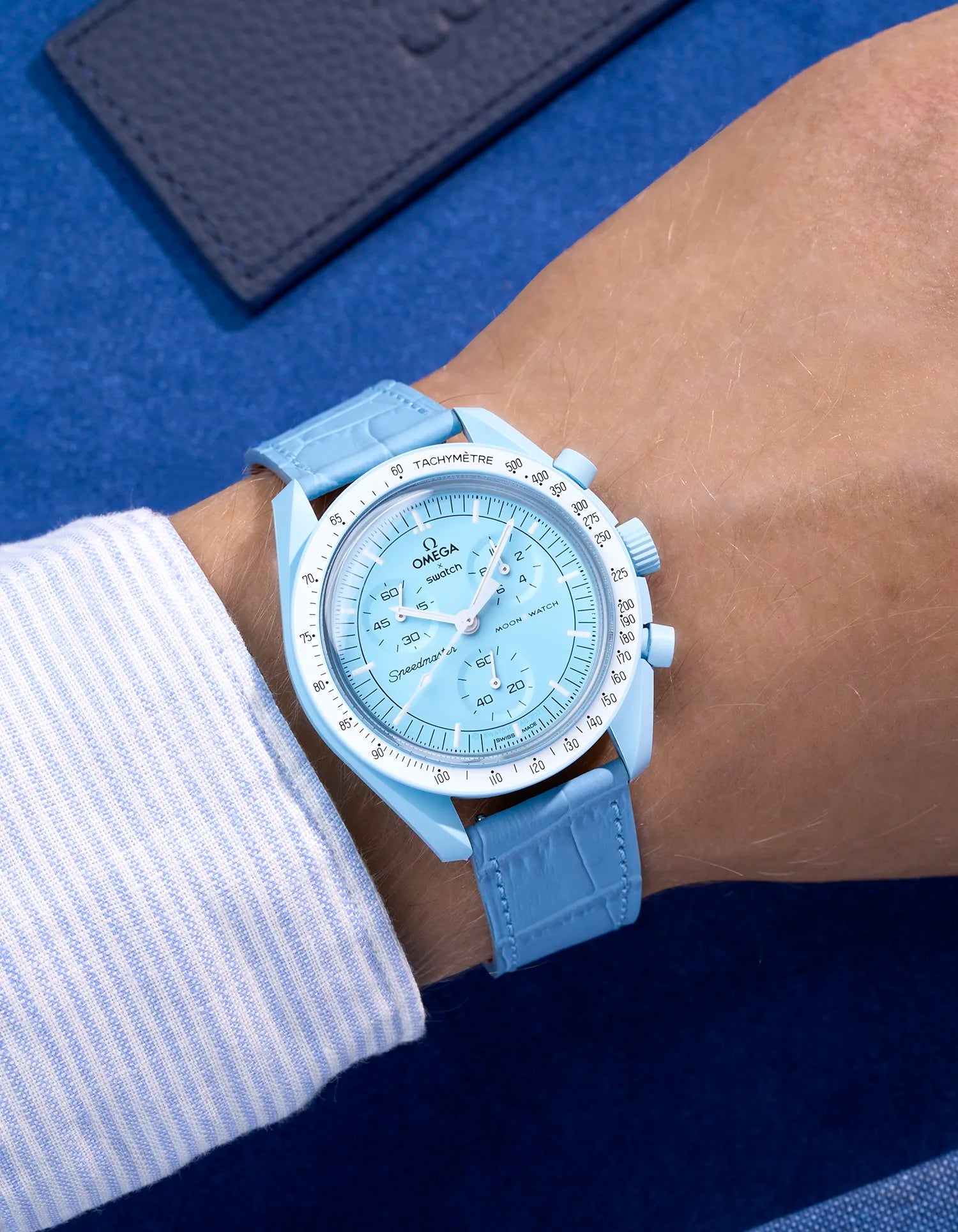 Sky Blue embossed alligator leather strap on Omega X Swatch MoonSwatch Mission to Uranus – wrist shot