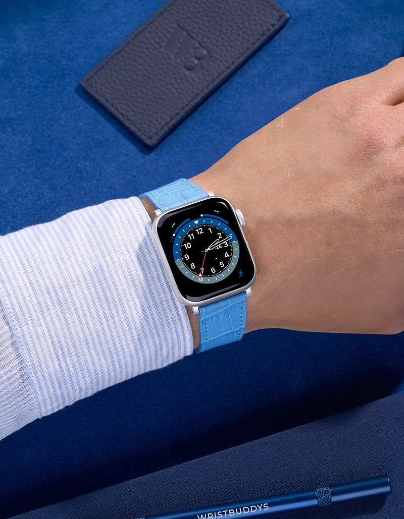 Wrist shot on Sky Blue Embossed Alligator leather Apple watch Band