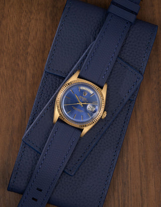 Straight End FKM Strap 20mm Navy Blue flat lay on blue pouch- Wristbuddys