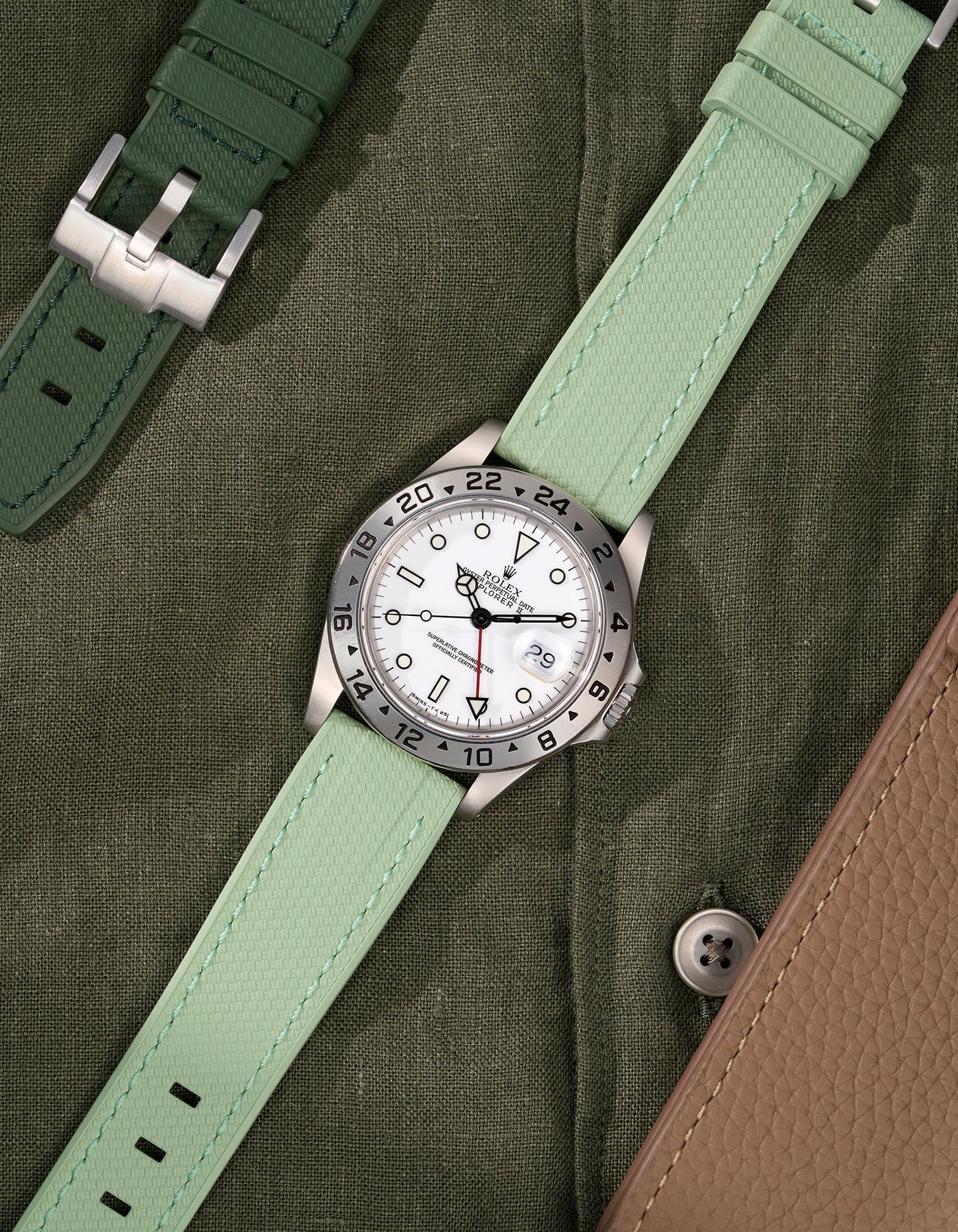 Straight End FKM Strap 20mm Verde Flat Lay - Wristbuddys