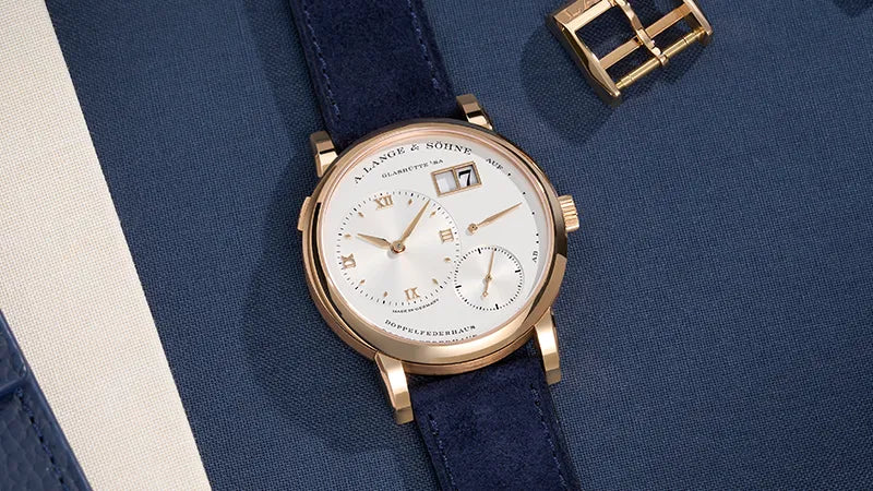 Luxury A. Lange & Söhne watch paired with a navy blue suede leather strap from Wristbuddys, featuring soft texture and premium quality, perfect for enhancing any timepiece.