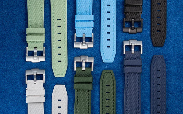 Rubber watch straps for Tag Heuer in FKM material with stainless steel buckles – assorted colors including mint, blue, green, white, and black