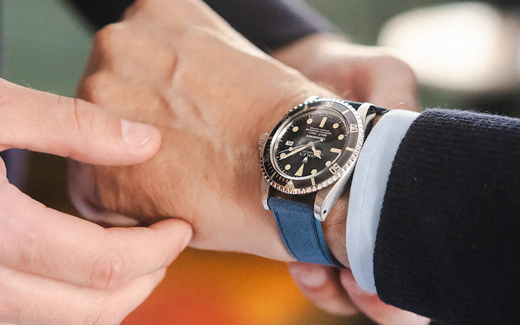 Blue leather watch strap on vintage Rolex Submariner – showcasing rich color depth and traditional tanning