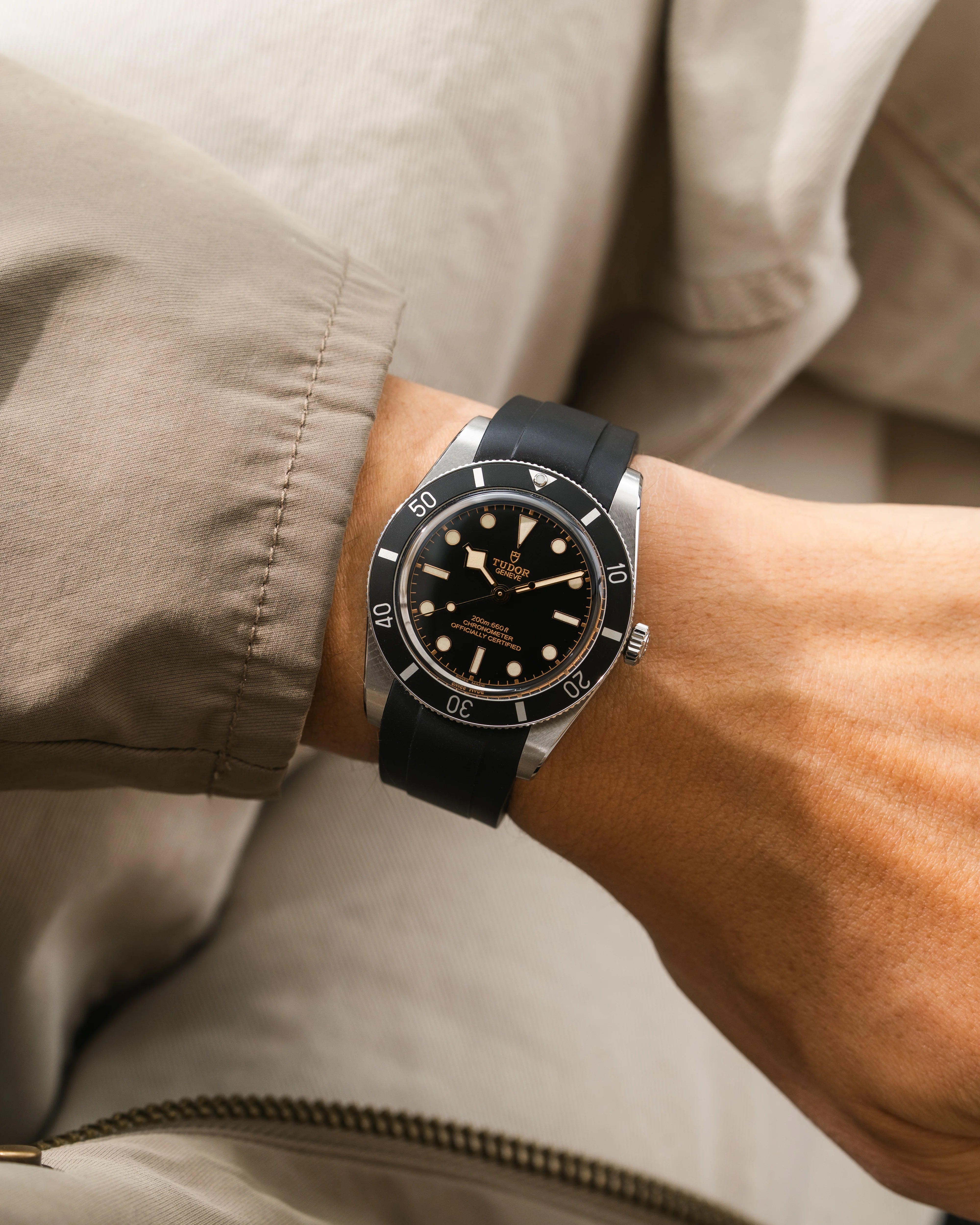 Person wearing a black Tudor BB54 on a wristbuddys black fkm rubber watch strap with a beige jacket