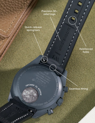 Vertech Black strap with white stitching for MoonSwatch Mission to Earthphase – quick-release, logo detail, reinforced holes and seamless design