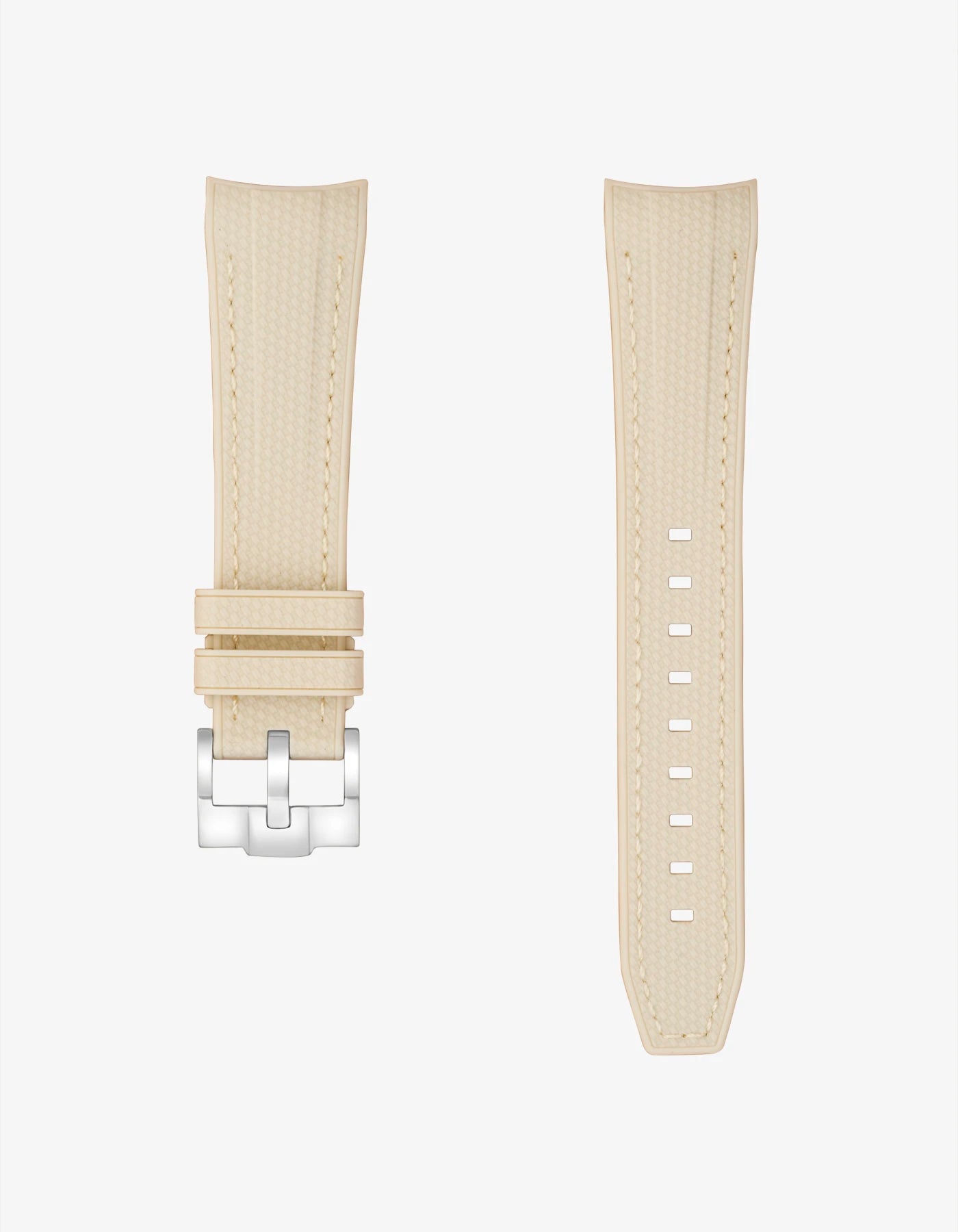 Vertech Beige rubber strap for Blancpain X Swatch shown flat with silver buckle and curved 22mm fit
