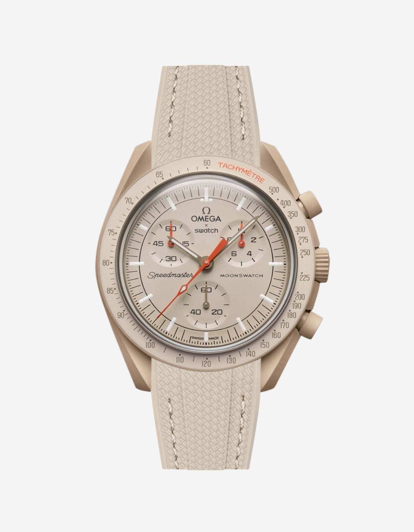 Omega X Swatch MoonSwatch watch with beige strap on a white background