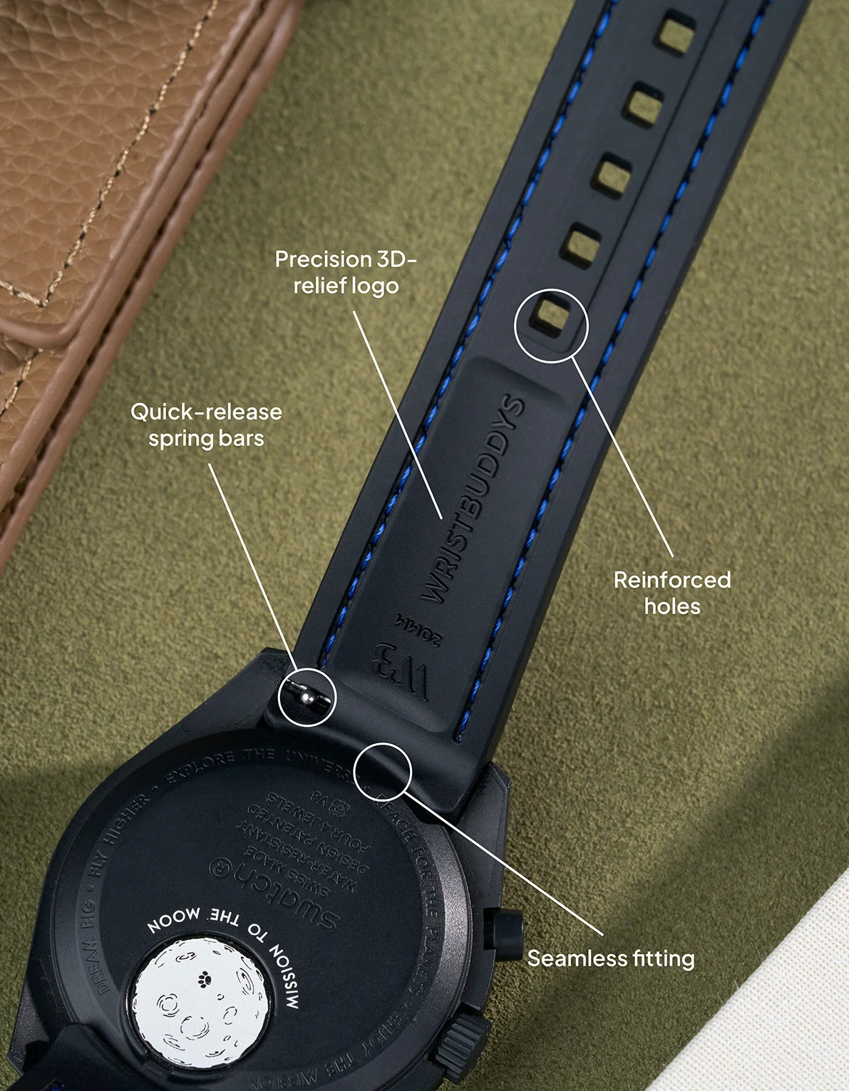 Vertech Black rubber strap with blue stitches for MoonSwatch Mission to Neptune – seamless integration, reinforced holes, quick-release