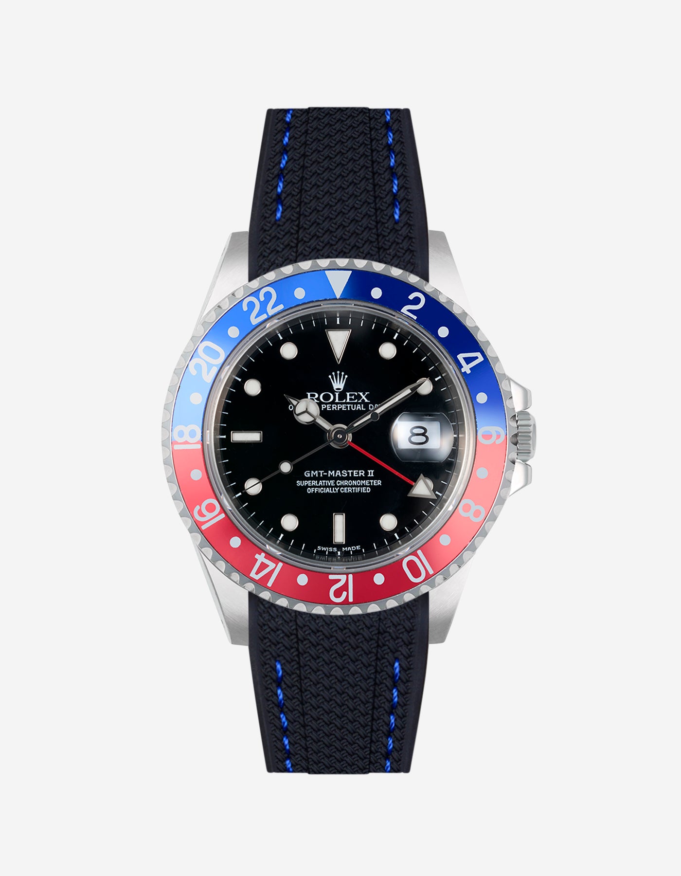 Rolex Pepsi steel watch with black & blue stitches vertech rubber watch strap and colorful bezel on a white background