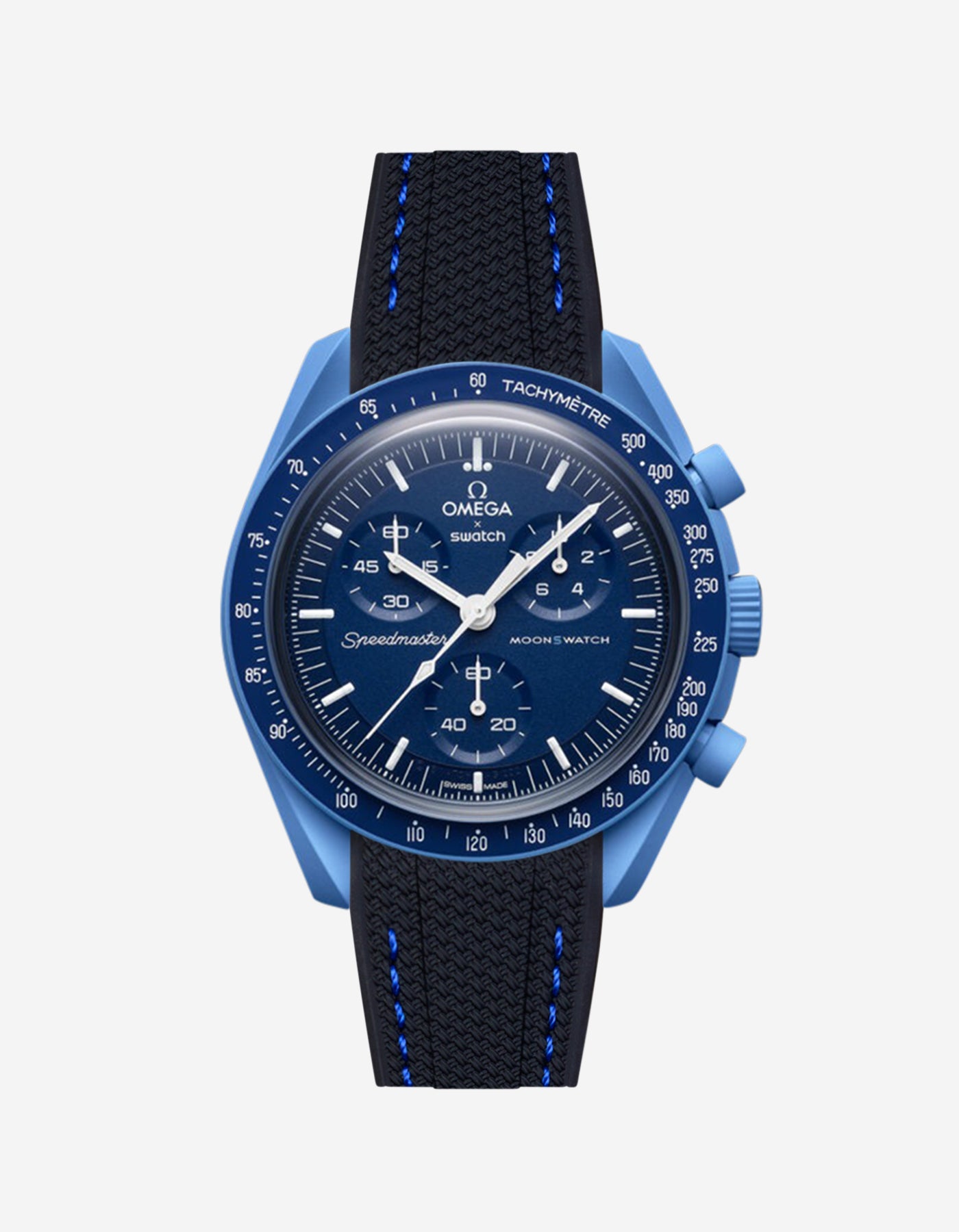 Omega X Swatch Neptune watch with a black and blue vertech rubber watch strap and detailed face on a white background