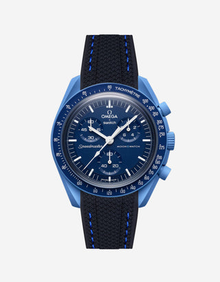 Omega X Swatch Neptune watch with a black and blue vertech rubber watch strap and detailed face on a white background