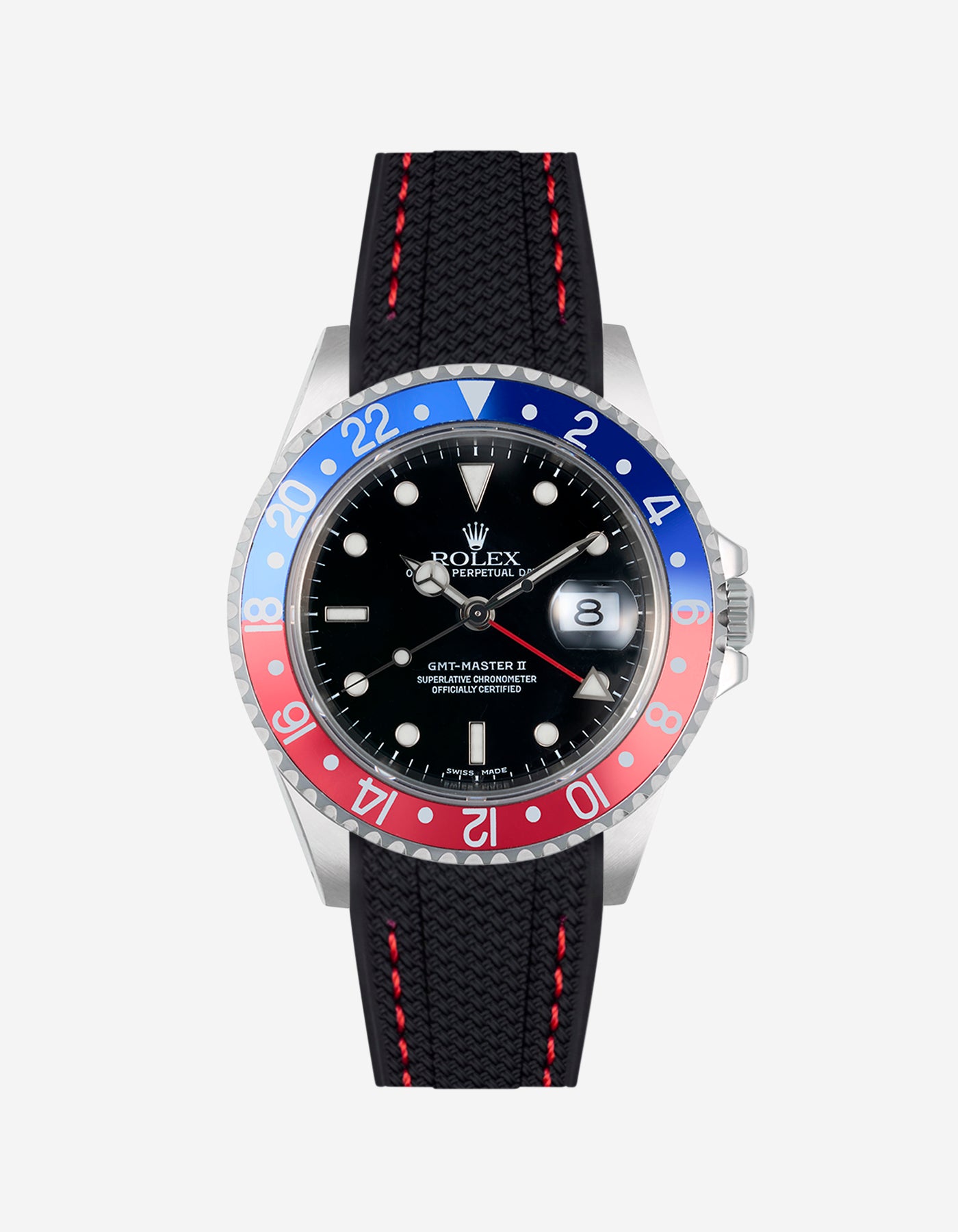 Rolex Pepsi steel watch with black & red stitches vertech rubber watch strap and colorful bezel on a white background