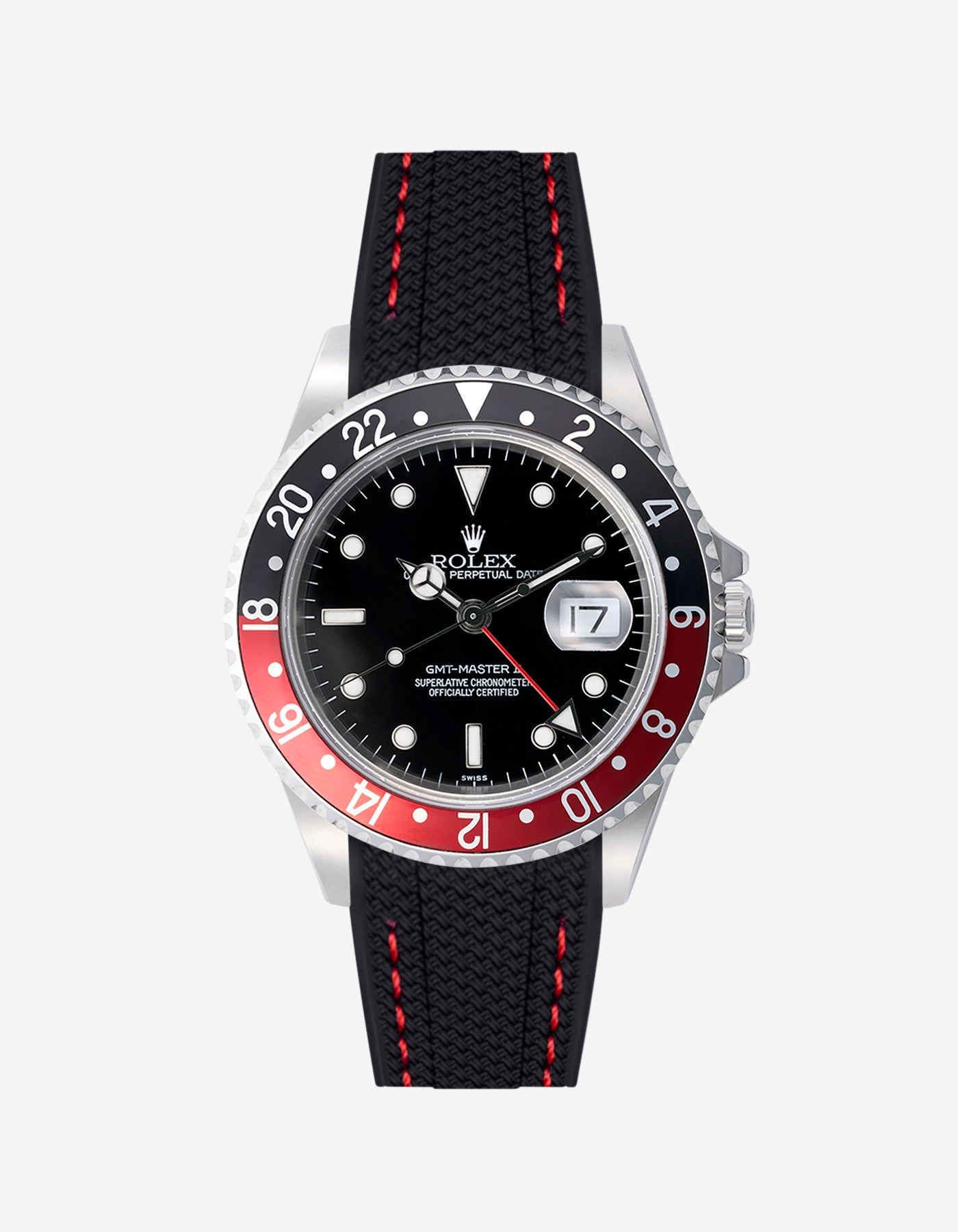 Rolex GMT Master 2 watch with black and red stitches rubber vertech strap and black dial on a white background