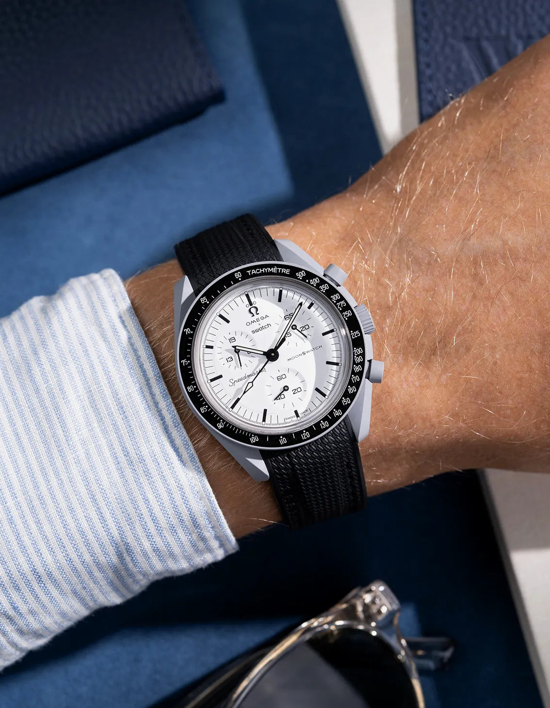 Black Vertech rubber strap tailored for Omega MoonSwatch Mission to 1965, shown in close-up wrist shot with monochrome styling