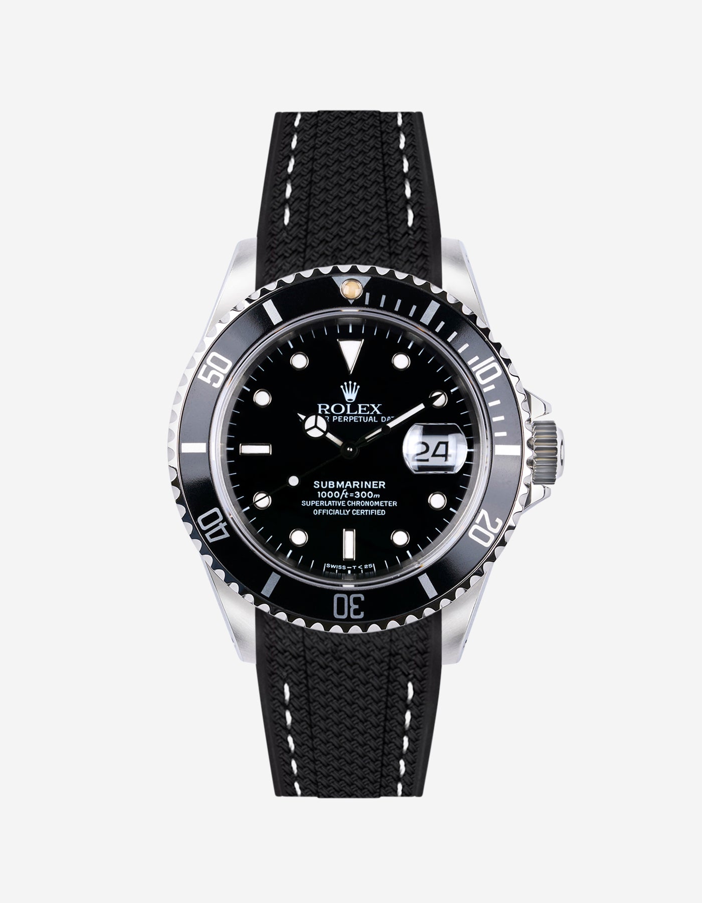 Rolex watch with black dial and rubber vertech strap on a white background