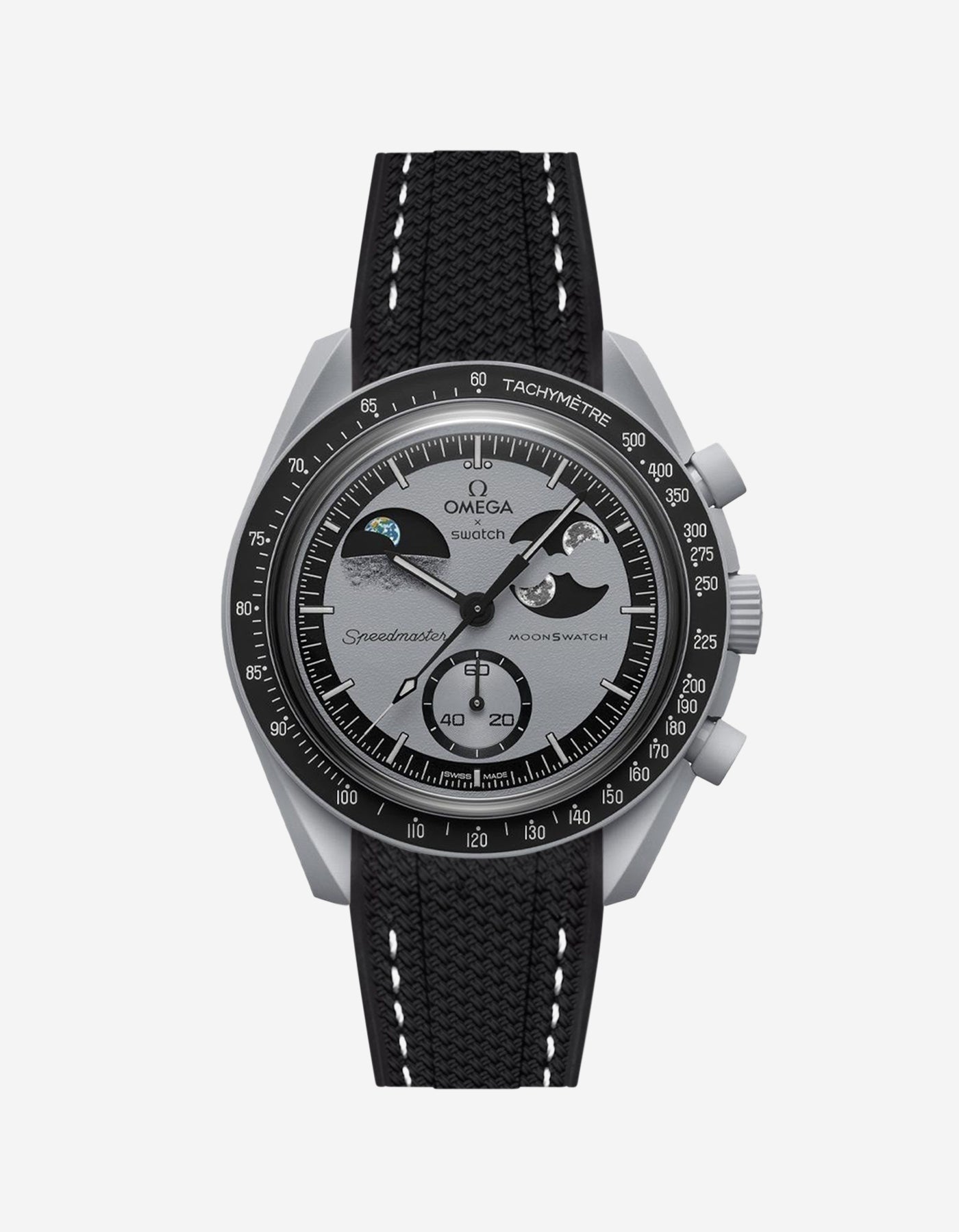 Omega watch with black strap and detailed face on a white background