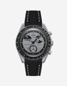 Omega watch with black strap and detailed face on a white background