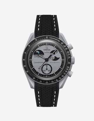 Omega watch with black strap and detailed face on a white background