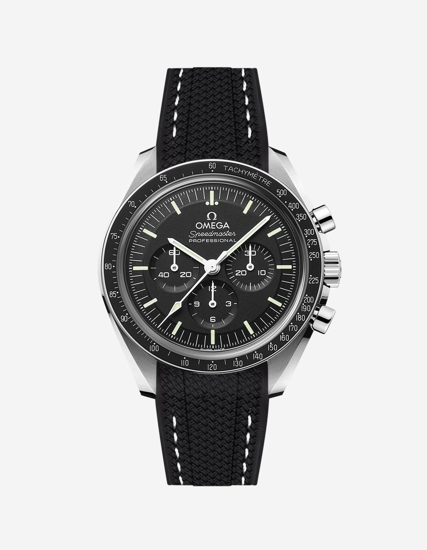 Black Omega Speedmaster watch with a black & white stitches vertech rubber watch strap from Wristbudyss and a detailed face on a white background